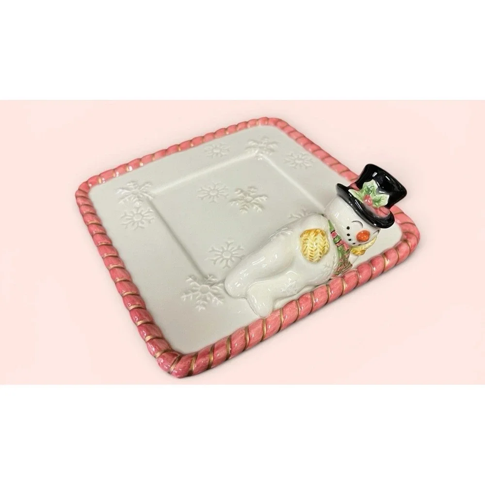 Fitz & Floyd Frosty Folks Snowman Candy Dish Trinket Tray Snowflakes‎ Candy Cane
